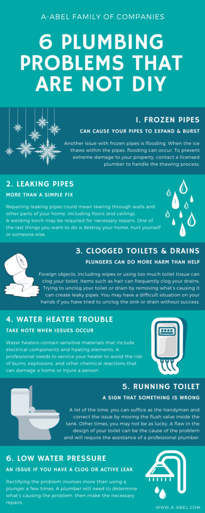 6 Home Plumbing Problems That Are Not DIY Projects for Homeowners 2 infographic showing home plumbing problems that are not DIY solutions including frozen pipes, leaking pipes, clogged toilets, clogged drains, water heater trouble, running toilet, and low water pressure